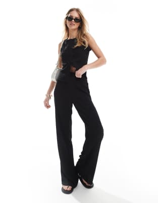 textured straight leg pants in black