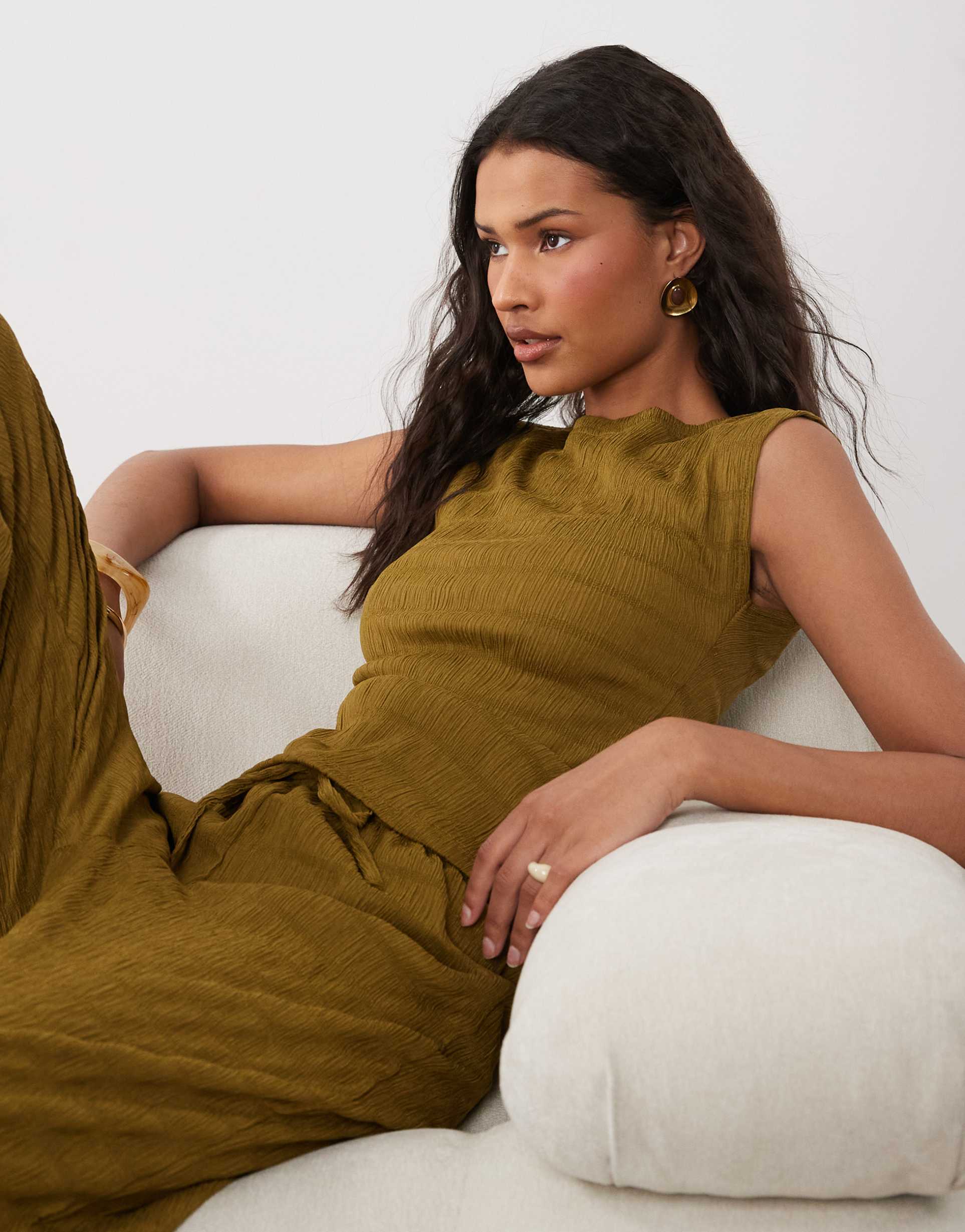 brave soul textured tank top in olive green - part of a set