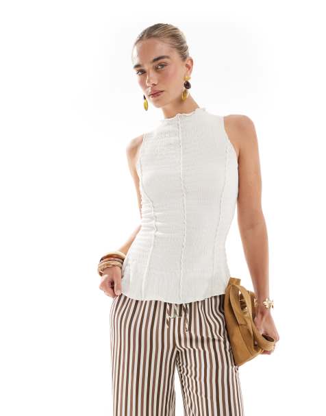 Brave Soul textured tank top with stitch detail in cream - view 1