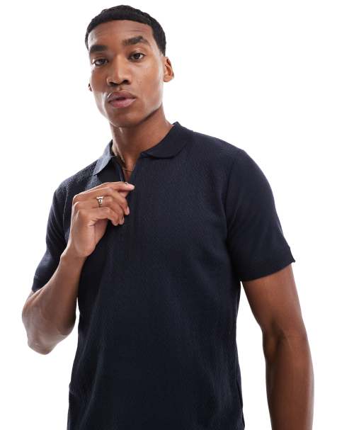 Brave Soul Textured zip neck knitted polo in navy