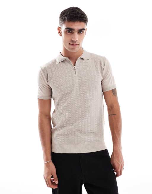 Brave Soul Textured zip neck knitted polo in stone