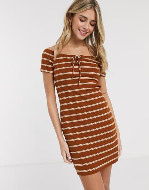 Brave Soul tie front bandeau striped jersey dress in tan