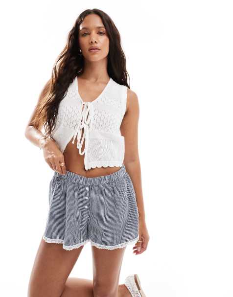 Brave Soul tie front knitted waistcoat with pointelle detail in white - view 1