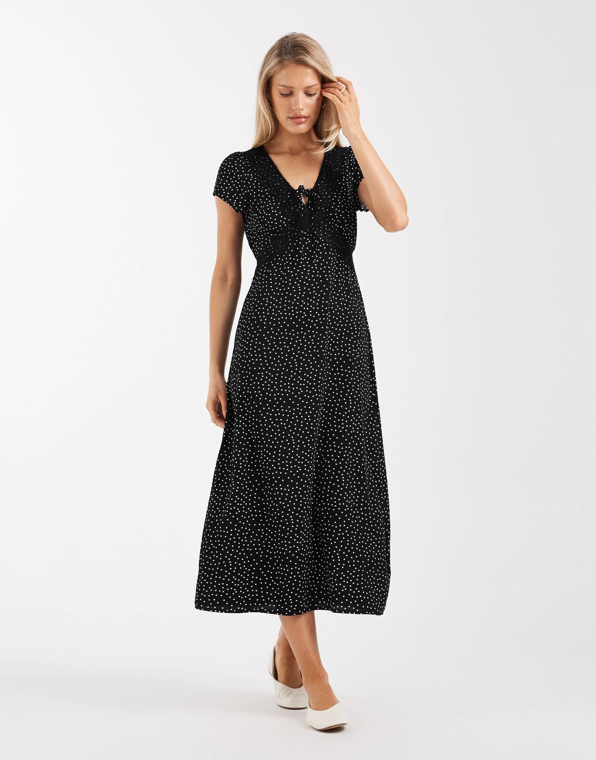 brave soul tie front midi dress with lace detail in black polka dot print