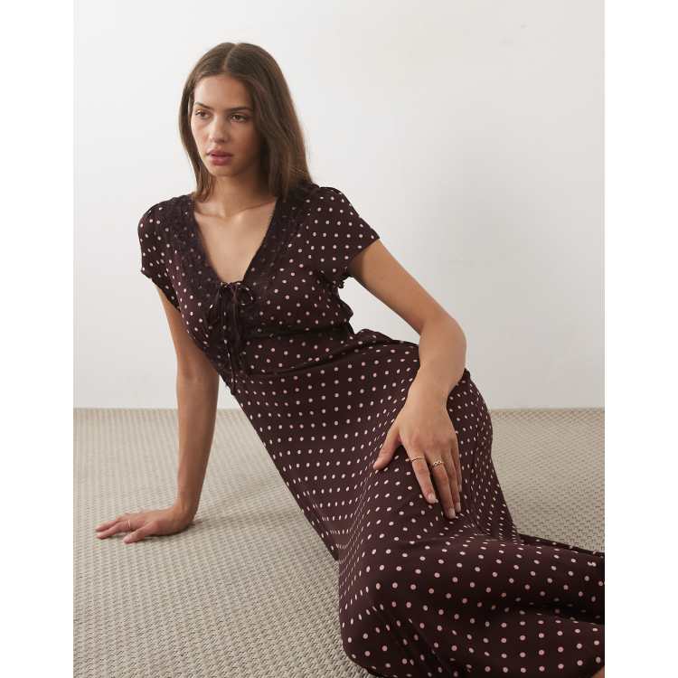 burgundy polka dot wrap dress Polka Dot Chiffon Wrap Midi Dress
