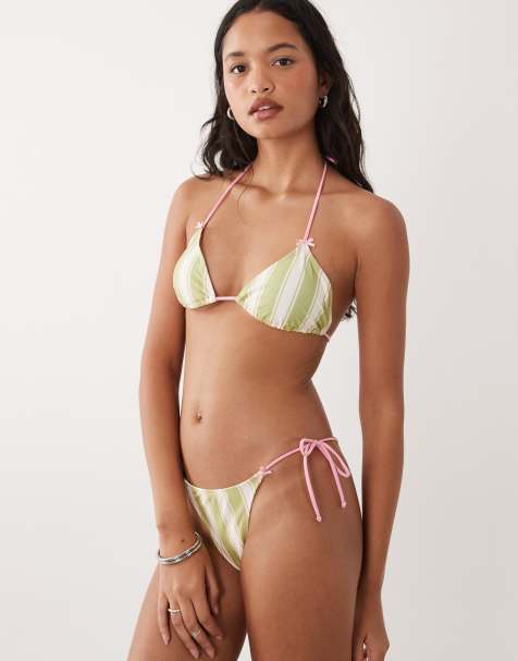 Brave Soul tie side bikini bottoms with bow detail in green and pink stripe - view 1