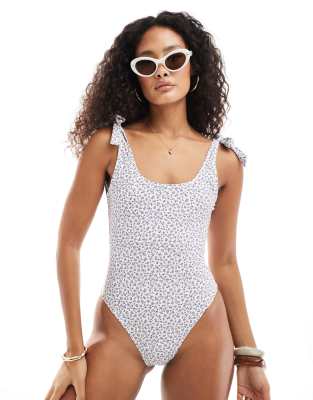 Brave Soul Brave Soul tie strap swimsuit in purple ditsy floral print-White
