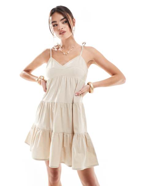 Brave Soul tiered linen look mini dress in stone - view 1