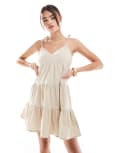 [Brave Soul] Brave Soul tiered linen look mini dress in stone-White S Stone