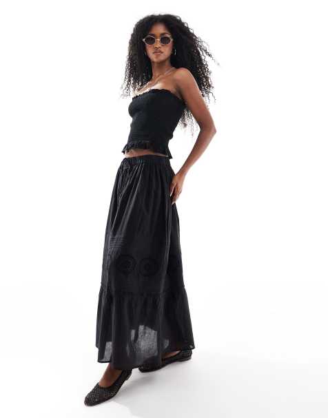 Brave Soul Tiered maxi skirt with embroidery in black