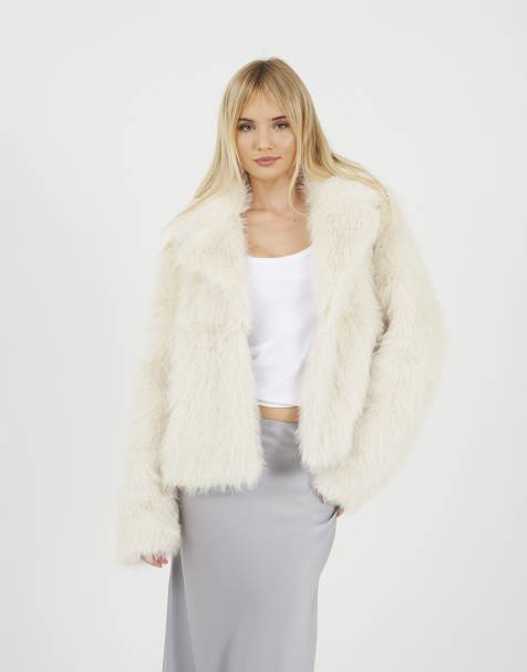 Brave Soul Tinsel faux fur jacket in cream - view 1