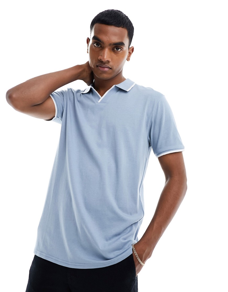 tipped trophy neck polo in steel blue & white