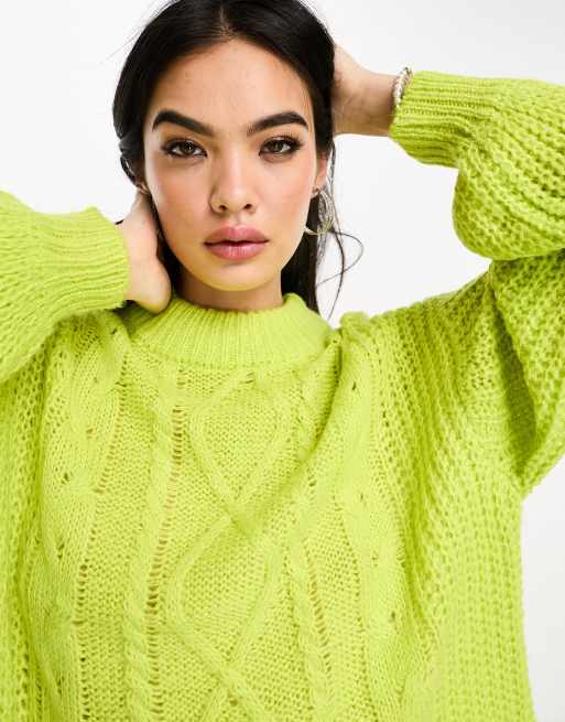 Brave Soul tokyo oversized cable knit jumper in lime