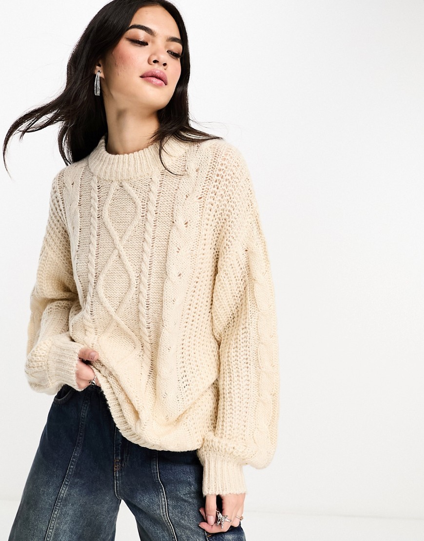 Brave Soul tokyo oversized cable knit jumper in oatmeal-White