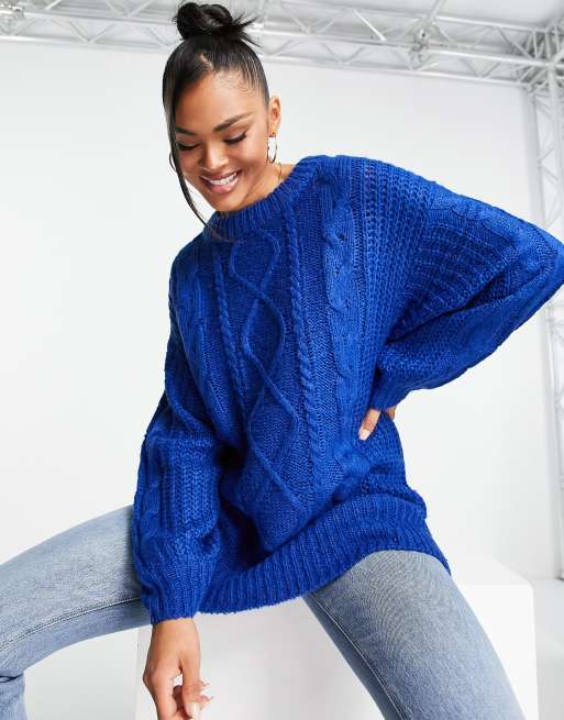 Brave Soul tokyo oversized cable knit sweater in electric blue