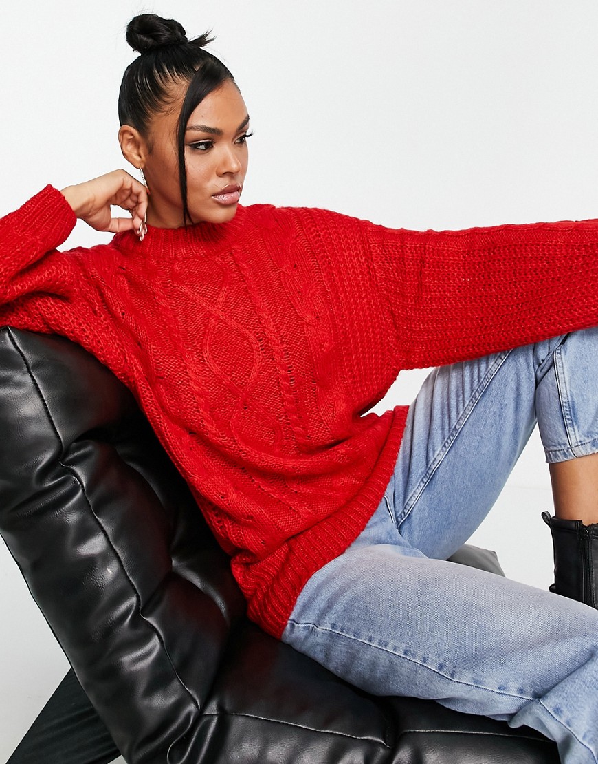 Brave Soul tokyo oversized cable knit sweater in red