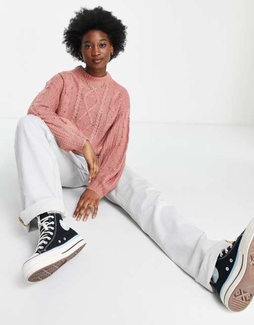 Brave Soul tokyo oversized cosy cableknit jumper in misty blue, 3 of 4