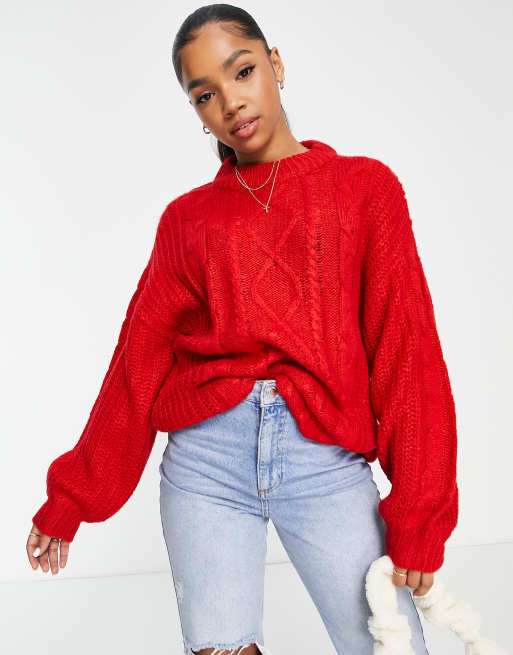 Brave Soul tokyo oversized cozy cableknit sweater in red | ASOS