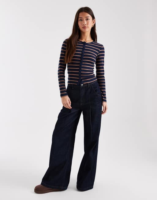 Brave Soul - Top a maniche lunghe blu navy e color talpa a righe a coste con bottoni, 2 di 4