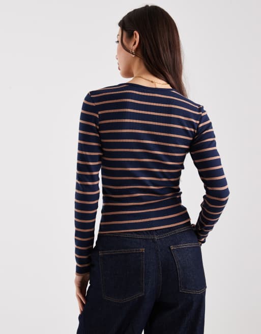 Brave Soul - Top a maniche lunghe blu navy e color talpa a righe a coste con bottoni, 4 di 4
