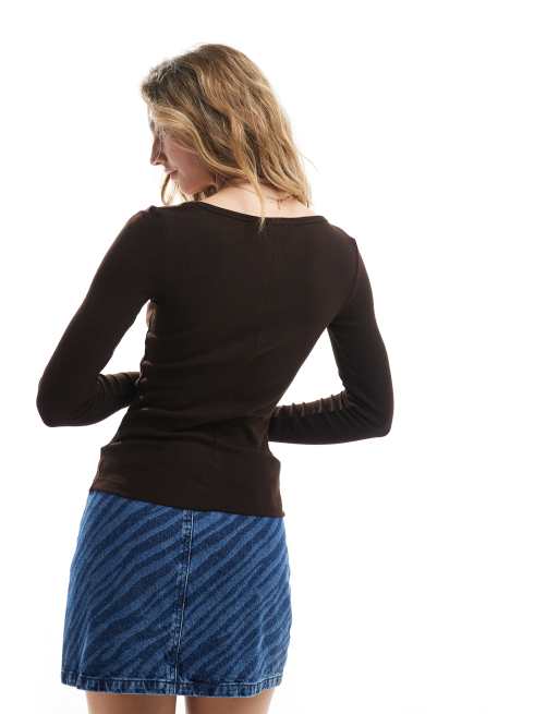 Brave Soul - Top a maniche lunghe con scollo quadrato in cotone marrone cioccolato, 4 di 4