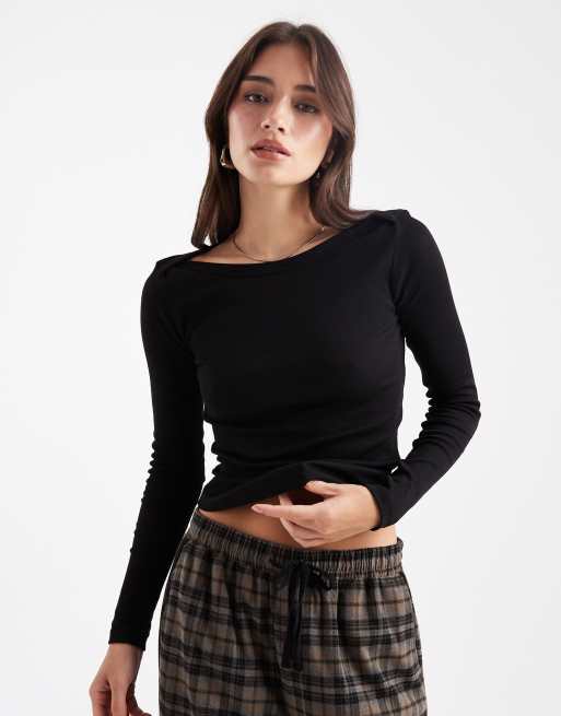Brave Soul - Top a maniche lunghe in jersey nero con scollo a barchetta, 2 di 4