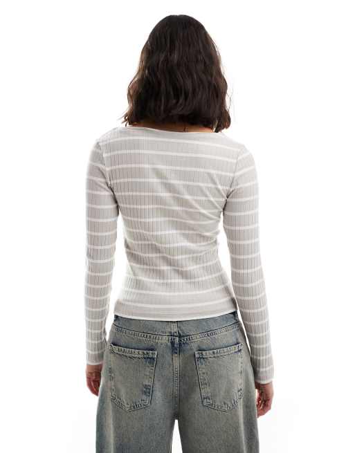 Brave Soul - Top à rayures avec manches longues et encolure bateau - Gris et blanc, 3 de 4