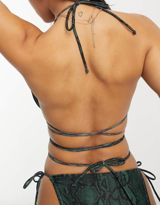 Brave Soul - Top bikini a triangolo verde scuro pitonato con fascette, 2 di 4