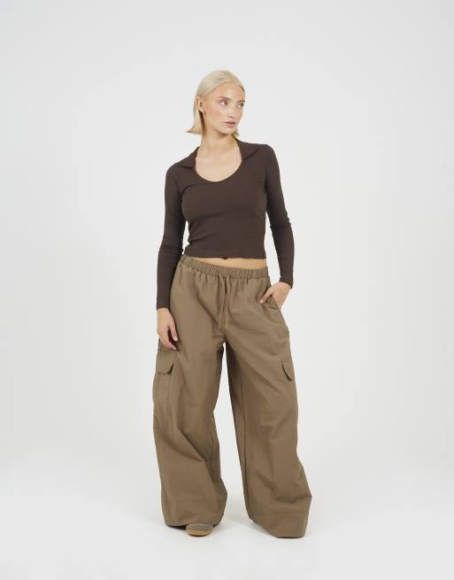 Brave Soul - Top color cioccolato a coste con scollo a V e colletto, 3 di 4