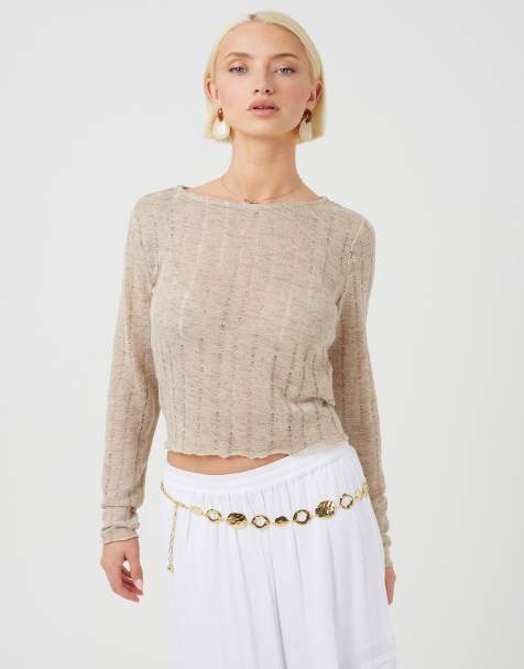 Brave Soul - Top en tulle texturé à manches longues - Taupe - view 1