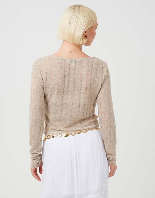 Brave Soul - Top en tulle texturé à manches longues - Taupe, 2 de 4