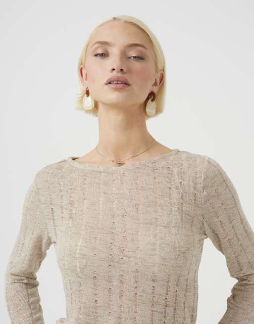 Brave Soul - Top en tulle texturé à manches longues - Taupe, 4 de 4