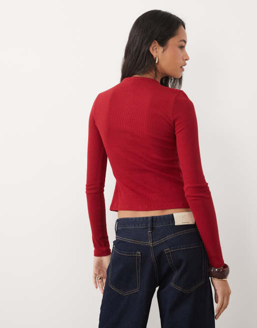 Brave Soul top met lange mouwen, ribbelstructuur en knoopsluiting in rood, 4 van 4