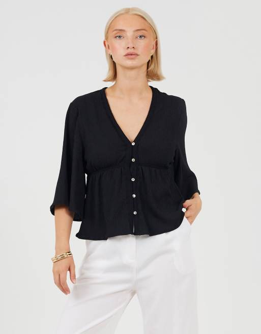 Brave Soul - Top nero con scollo a V, bottoni e dettagli in pizzo