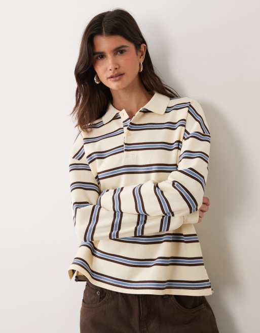 Brave Soul top rugby a maniche lunghe a righe in buttermilk e marrone cioccolato, 2 di 4