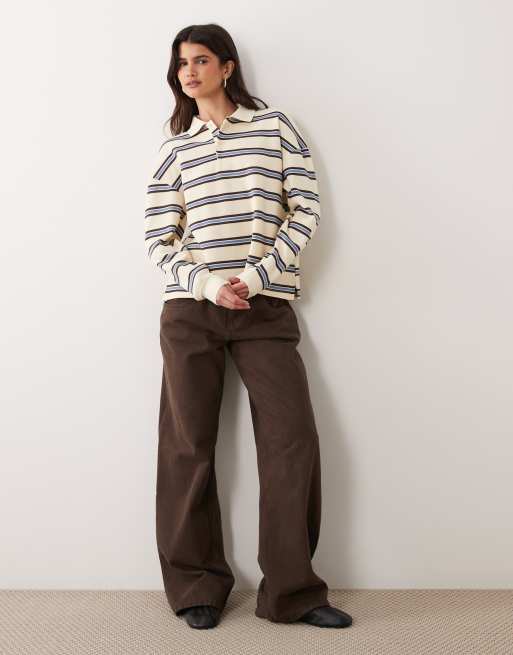 Brave Soul top rugby a maniche lunghe a righe in buttermilk e marrone cioccolato, 3 di 4
