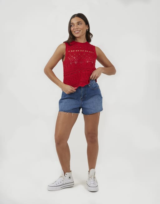 Brave Soul - Top senza maniche girocollo rosso in maglia traforata, 3 di 4
