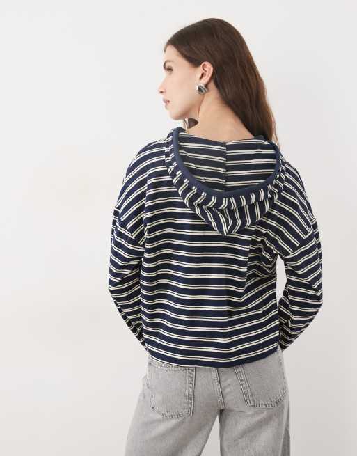 Brave Soul top serafino con cappuccio a righe blu navy e crema, 4 di 4