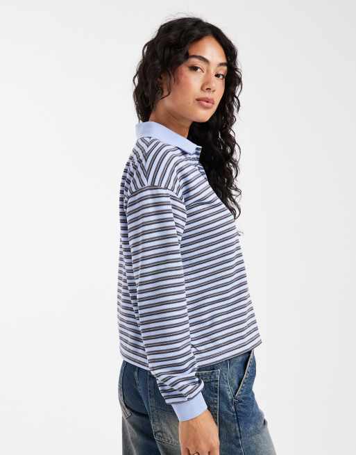 Brave Soul - Top stile rugby a maniche lunghe blu e grigio a righe, 3 di 4
