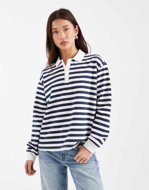 Brave Soul - Top stile rugby a maniche lunghe blu navy e bianco a righe - view 1