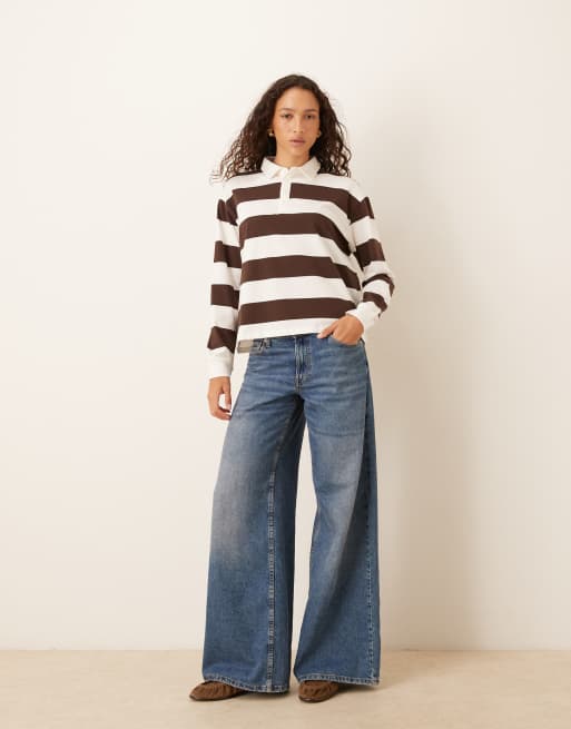 Brave Soul - Top stile rugby color cioccolato a righe, 2 di 4