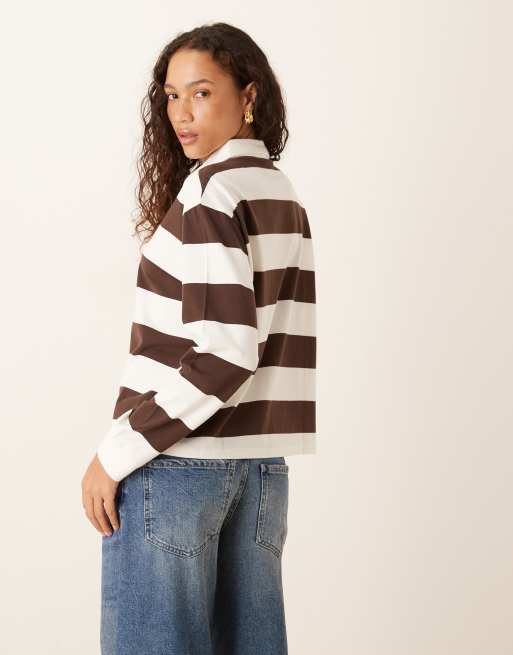 Brave Soul - Top stile rugby color cioccolato a righe, 3 di 4