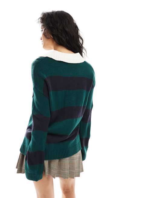 Brave Soul - Top stile rugby oversize verde a righe blu navy con colletto a contrasto, 4 di 4