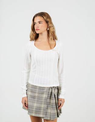 Top texturé à encolure dégagée - Crème-Blanc 36