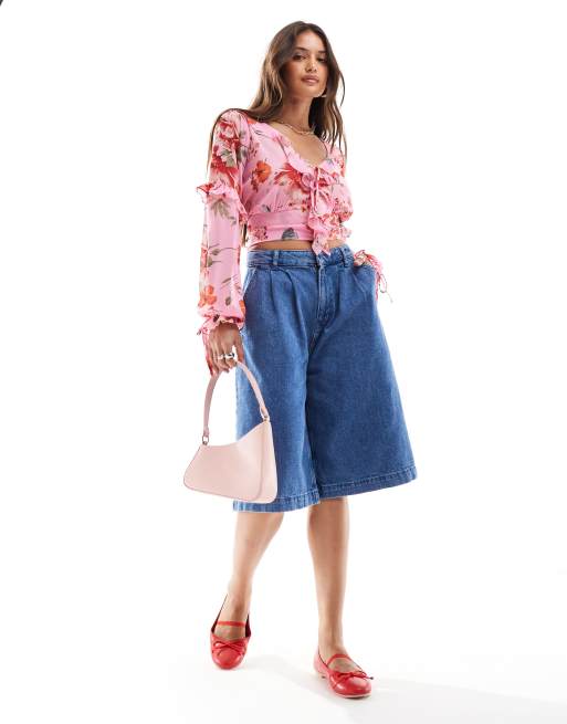 Brave Soul - Top van chiffon met lange mouwen en ruches in roze
