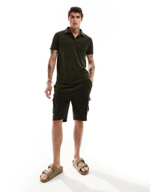 Brave Soul towelling cargo shorts in khaki (part of a set)