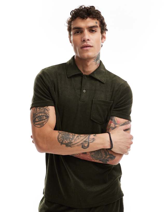 Brave Soul - towelling co-ord polo shirt in khaki