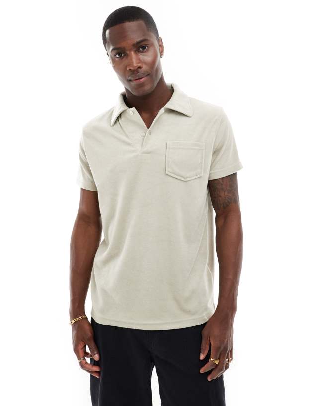 Brave Soul - towelling polo shirt in stone