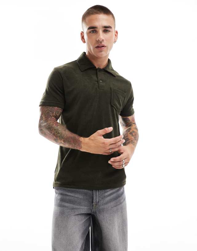 Brave Soul - towelling polo shirt with revere collar in khaki