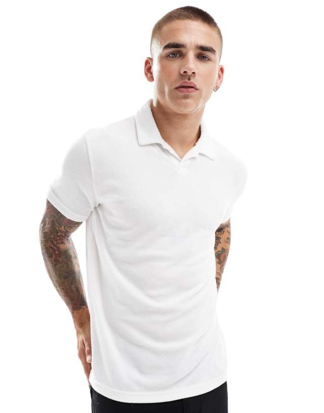 Brave Soul - towelling polo shirt with revere collar in off white